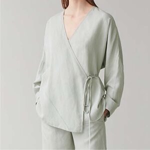 Cos Linen Blend Wrap Top Blouse Mint Green Long Sleeve V-Neck 12